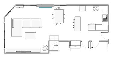 2D architectural floor plan showing an open concept kitchen, dining area, and living room layout.