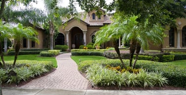 a house with a walkway and palm trees