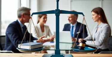 personas trabajando y al frente una balanza de ética