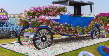foto de uma charrete cheia de flores no dubai miracle garden