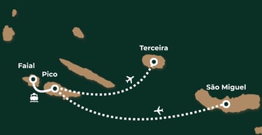 Illustratieve kaart van een reisroute door Azoren,: Sao Miguel, Pico, Faial en Terceia