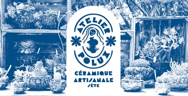 A display of ceramic kusamono and caudex pots with Atelier Polux logo in the middle