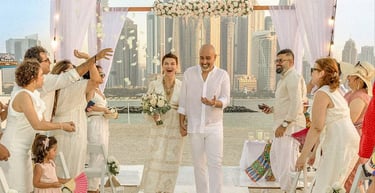 Candid wedding moment in Dubai Marina by leading UAE wedding photographer.