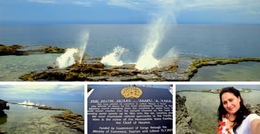 Vista dos jatos d’água do blowhole em Mapu’a Vaka, Tonga, visitado pela autora durante escala de cruzeiro