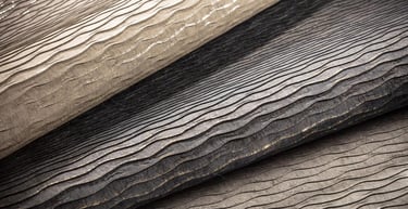 Textured luxury wallpaper samples with elegant metallic wavy patterns in beige, charcoal, and bronze tones.