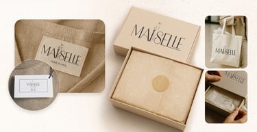 Maiselle packaging with custom box, tissue, and labels by UrBrand Studio.