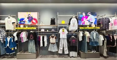 A retail clothing display featuring Smiley face graphic t-shirts and denim apparel in a modern store.
