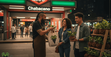 Una pareja compra plantas de interior a un vendedor ambulante afuera de la estación de metro 