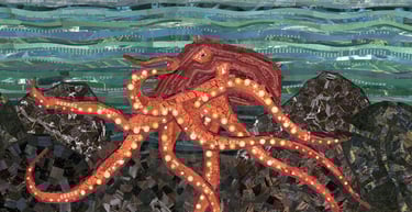 Mixed media paper collage of a red octopus underwater with tentacles and textured rock details.