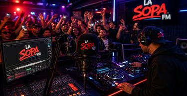 DJ en estudio de radio urbana con micrófono profesional y público en vivo en La Sopa FM