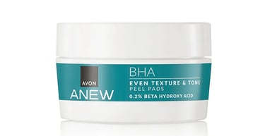 Avon Anew BHA Even Texture and Tone peel pads with 0.2 percent beta hydroxy acid in a white jar.