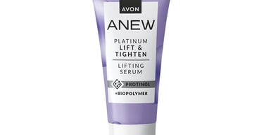 Avon Anew Platinum Lift and Tighten Serum tube with Protinol for anti-aging skincare.