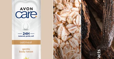 Avon Care oatmeal gentle body lotion bottle for sensitive skin with vanilla extracts.