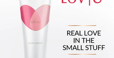 Avon Lov U moisturizing body lotion tube featuring a pink heart design and luxury skincare branding.