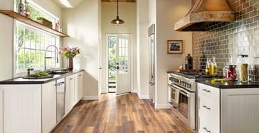 Water-resistant kitchen and bathroom flooring designed for moisture and heavy foot traffic.