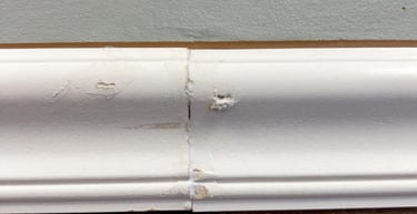 Close-up of baseboard trim installed along hardwood flooring.