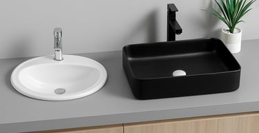 Lavamanos de empotrar y lavamanos de sobreponer en la exhibición de Zeramiq. Grifería negro mate