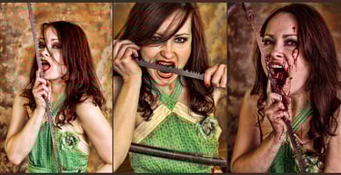 Drei Bilder einer Frau mit einer Säge im Mund.