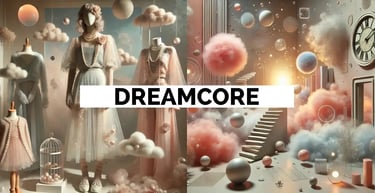 Mujer y ropa en un espacio con estética Dreamcore