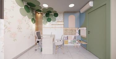 consultório com árvore e papel de parede interiores