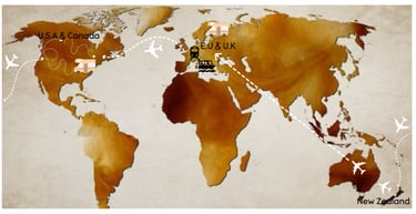 World map with travel path.