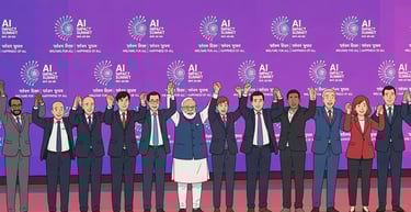 Cartoon of PM Modi and AI CEOs (Sam Altman, Dario Amodei & others) raising hands at India AI Impact