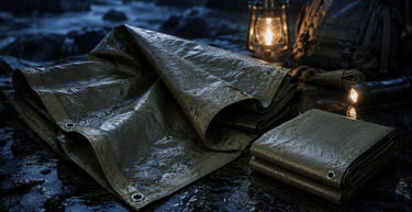 Durable olive green waterproof camping tarp with grommets displayed with outdoor survival gear at night.