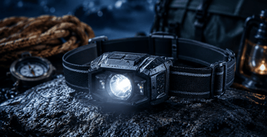 Waterproof LED headlamp with adjustable strap glowing on a wet rock during a night camping trip.
