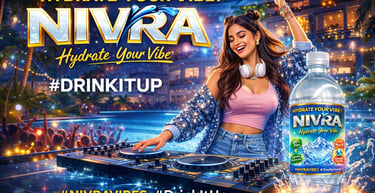 A woman DJing at a pool party next to a Nivra bottled water, promoting hydration with a vibrant vibe.