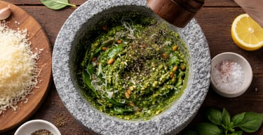 Fresh pesto being seasoned with a black pepper grinder in a stone mortar and pestle.