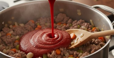 Pouring rich tomato sauce from a glass jar into a pan with ground meat and vegetables to make a flavorful bolognese.