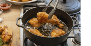 Golden-brown chicken drumsticks frying in a cast iron pot on a stovetop, with herbs, sauces, and cooked potatoes in the