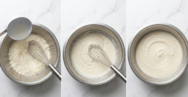 Step-by-step process of mixing ingredients with a whisk in a bowl to make a smooth white peppersauce