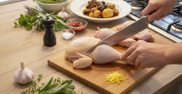 Chef carving raw whole chicken on a wooden board with fresh herbs and garlic for roasting.
