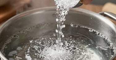 Hand pouring coarse sea salt from a measuring cup into a pot of boiling water for cooking.