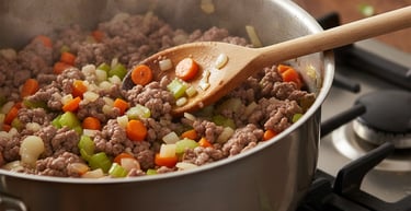 Browning ground beef with chopped carrots and celery in a stainless steel skillet on a gas stove.