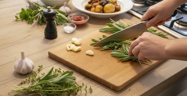 A chef's hands slicing fresh sage and rosemary on a wooden cutting board with garlic and herbs.