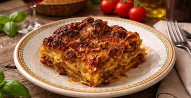 A portion of homemade beef lasagna with melted cheese on a plate with fresh basil and red wine.