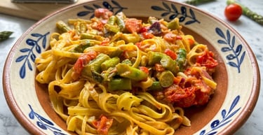 Fresh Linguine pasta primavera with sautéed asparagus and cherry tomatoes in a ceramic bowl.