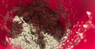 Freshly blended green herb and garlic paste inside a red mixing bowl for cooking.