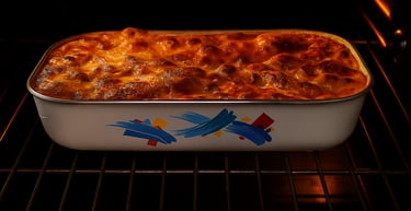 Golden brown cheesy lasagna baking in a ceramic casserole dish inside a modern oven.