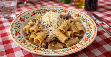 Rigatoni pasta with sausage and mushrooms topped with parmesan cheese on a red checkered tablecloth.