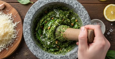 Hand using a mortar and pestle to grind fresh basil pesto with parmesan, pine nuts, and olive oil.