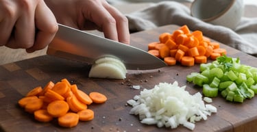 Chef slicing a white onion with a sharp knife on a wood cutting board with chopped carrots and celery.