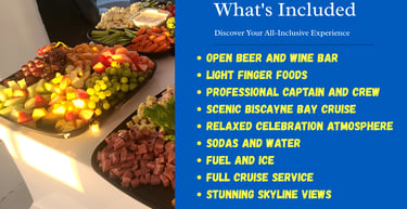 Biscayne Bay cruise catering featuring fresh fruit, cheese, and vegetable platters with all-inclusive service details.