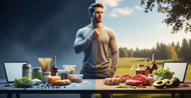a man standing at a table with food and drinks
