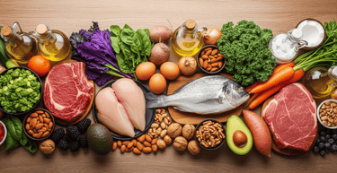 a variety of foods and vegetables including fish, fish, and nuts