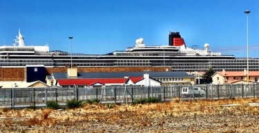 Navio de cruzeiro ancorado no Porto da Cidade do Cabo visto pelos portões do terminal.
