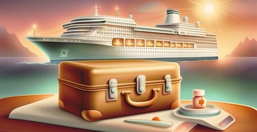 Navio ao fundo com representação visual de orientações médicas relacionadas à saúde em cruzeiros.