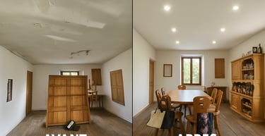 Plafond tendu blanc mat et spots intégrés dans salle à manger